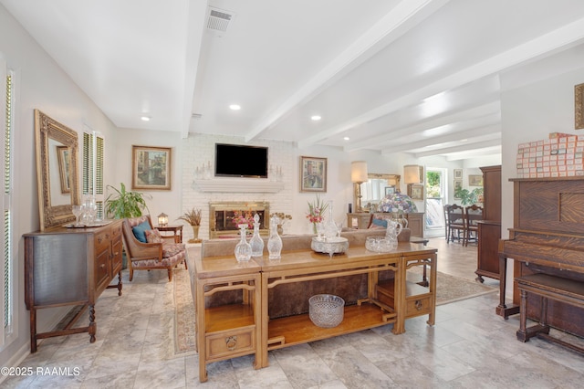 113 Templeton Dr, Lafayette, LA 70508 - living room featuring a fireplace, beam ceiling, and recessed lighting