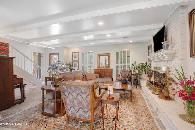 113 Templeton Dr, Lafayette, LA 70508 - living room featuring beam ceiling, healthy amount of natural light, stairs, recessed lighting, and a fireplace