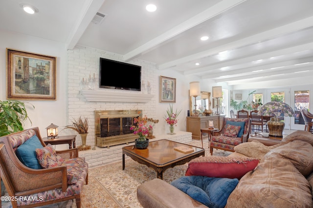 113 Templeton Dr, Lafayette, LA 70508 - living area with beam ceiling, a brick fireplace, and recessed lighting