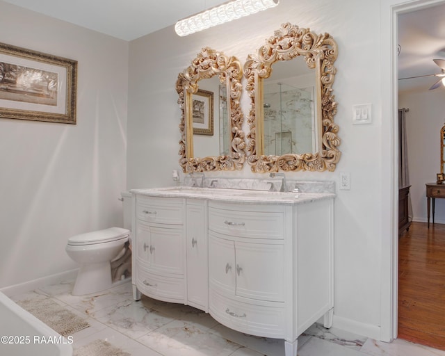 113 Templeton Dr, Lafayette, LA 70508 - bathroom with marble finish floors, double vanity, a shower with shower door, and baseboards