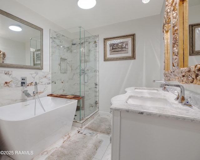 113 Templeton Dr, Lafayette, LA 70508 - full bathroom featuring a marble finish shower, a freestanding bath, double vanity, and marble finish floors
