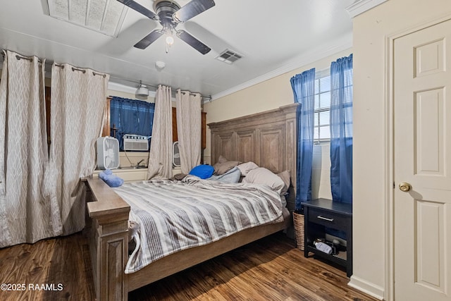 8001 Alpha Rd, Abbeville, LA 70510 - bedroom with wood finished floors, crown molding, cooling unit, and a ceiling fan