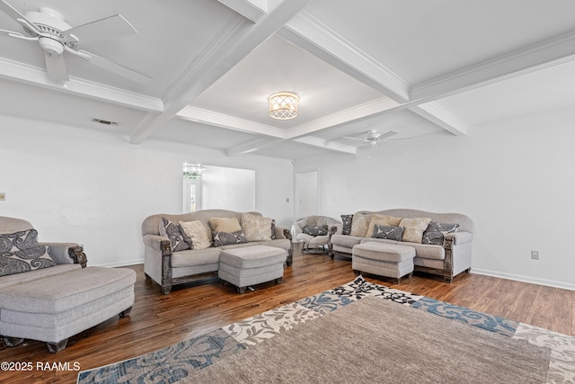 8001 Alpha Rd, Abbeville, LA 70510 - living area with a ceiling fan, beamed ceiling, wood finished floors, coffered ceiling, and ornamental molding