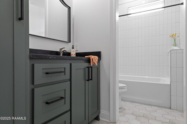 201 Lake Crest Ln, Youngsville, LA 70592 - bathroom featuring toilet, vanity, tile patterned floors, and shower / bath combination