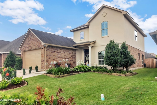 107 Ace Ln, Lafayette, LA 70506 - view of front of home with brick siding, an attached garage, a front yard, and driveway