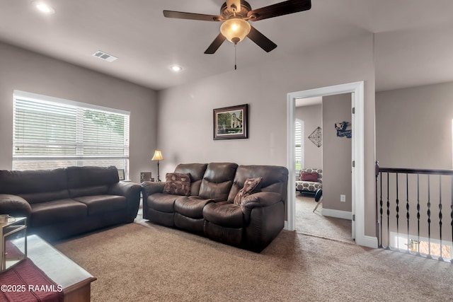 107 Ace Ln, Lafayette, LA 70506 - living area featuring carpet flooring, ceiling fan, healthy amount of natural light, and recessed lighting