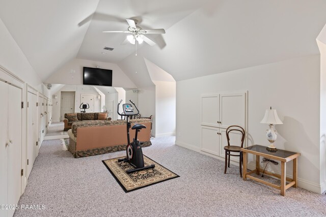 2822 Teal Dr, New Iberia, LA 70560 - living room featuring light carpet, ceiling fan, and vaulted ceiling