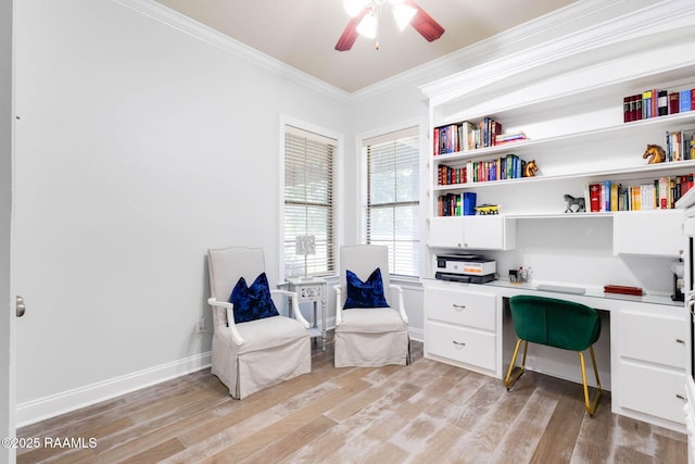 144 Cypress Cv, Youngsville, LA 70592 - office area featuring built in study area, crown molding, ceiling fan, light wood finished floors, and baseboards