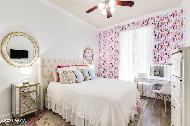 144 Cypress Cv, Youngsville, LA 70592 - bedroom featuring ornamental molding, wood finished floors, ceiling fan, and wallpapered walls