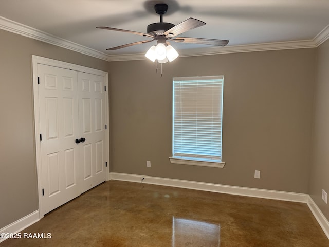 105 Ridge Run Ln, Carencro, LA 70520 - unfurnished bedroom with crown molding, carpet flooring, a closet, baseboards, and ceiling fan