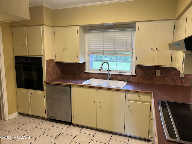 500 Brentwood Blvd, Lafayette, LA 70503 - kitchen with black appliances, a sink, ornamental molding, backsplash, and dark countertops