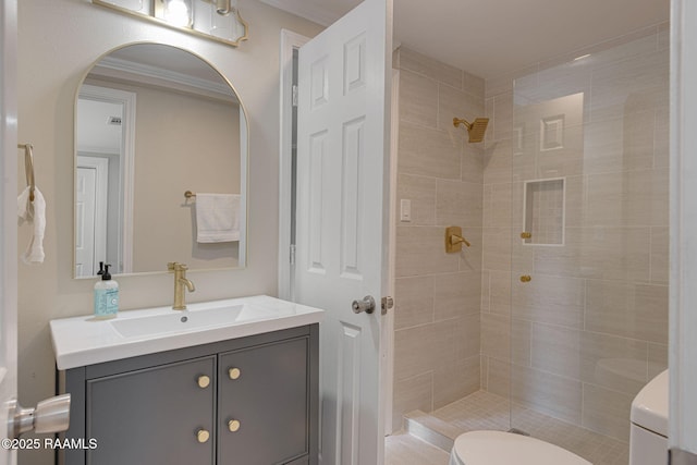178 Bertrand Rd, Opelousas, LA 70570 - bathroom featuring toilet, vanity, tiled shower, and crown molding