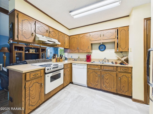 106 Cheticamp Dr, Lafayette, LA 70508 - kitchen with white appliances, under cabinet range hood, a peninsula, brown cabinetry, and light countertops