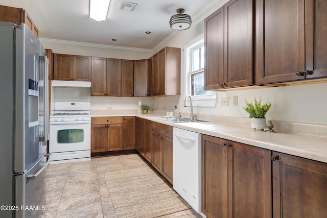 108 Trotter St, New Iberia, LA 70563 - kitchen featuring white appliances, a sink, under cabinet range hood, crown molding, and light countertops