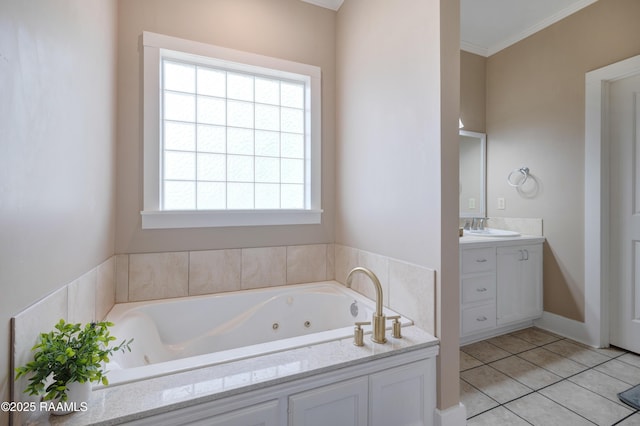 108 Trotter St, New Iberia, LA 70563 - bathroom with vanity, a tub with jets, tile patterned flooring, and ornamental molding