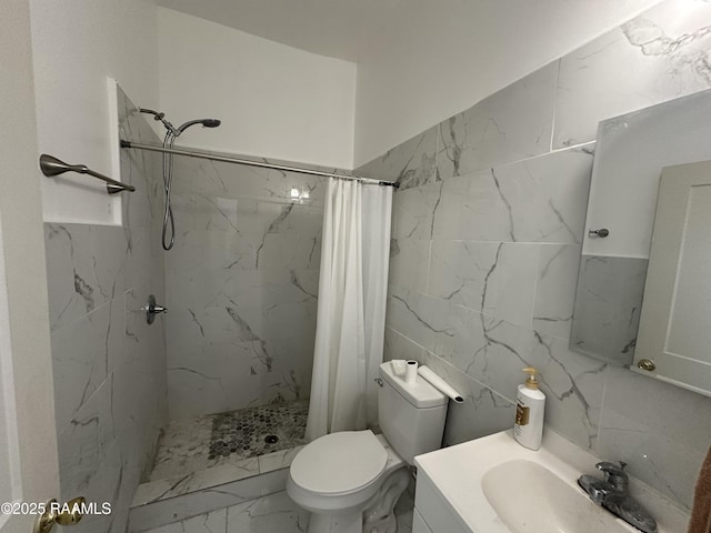 6033 Perry Ln, Lake Charles, LA 70605 - bathroom with marble look tiles, toilet, a stall shower, tile walls, and vanity