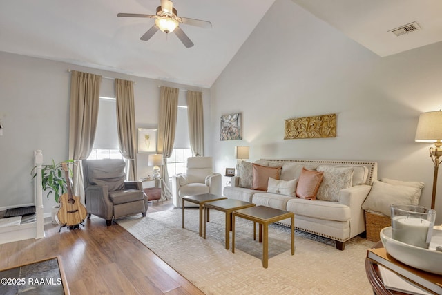 210 Long Plantation Blvd Unit C, Lafayette, LA 70508 - living room with ceiling fan, light wood-style flooring, and high vaulted ceiling