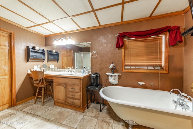 2944 Main Hwy, Breaux Bridge, LA 70517 - full bath featuring a textured wall, a freestanding bath, vanity, and an enclosed shower