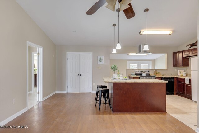 213 Marilyn Dr, Lafayette, LA 70503 - kitchen featuring electric range, black dishwasher, light wood finished floors, ceiling fan, and a kitchen island