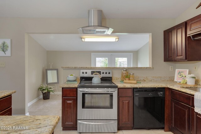 213 Marilyn Dr, Lafayette, LA 70503 - kitchen with stainless steel range with electric stovetop, dishwasher, light tile patterned flooring, a peninsula, and baseboards