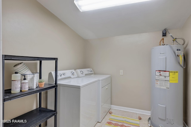 213 Marilyn Dr, Lafayette, LA 70503 - laundry area with water heater, independent washer and dryer, light tile patterned floors, and baseboards