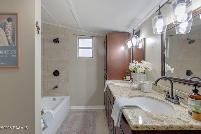 213 Marilyn Dr, Lafayette, LA 70503 - bathroom featuring vanity, crown molding, lofted ceiling, baseboards, and tub / shower combination