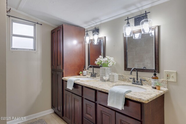 213 Marilyn Dr, Lafayette, LA 70503 - full bathroom featuring vaulted ceiling, double vanity, ornamental molding, tile patterned flooring, and baseboards