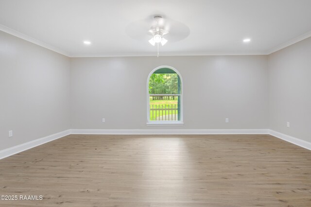 5811 Basile Eunice Hwy, Eunice, LA 70535 - empty room featuring ceiling fan, crown molding, light wood finished floors, recessed lighting, and baseboards