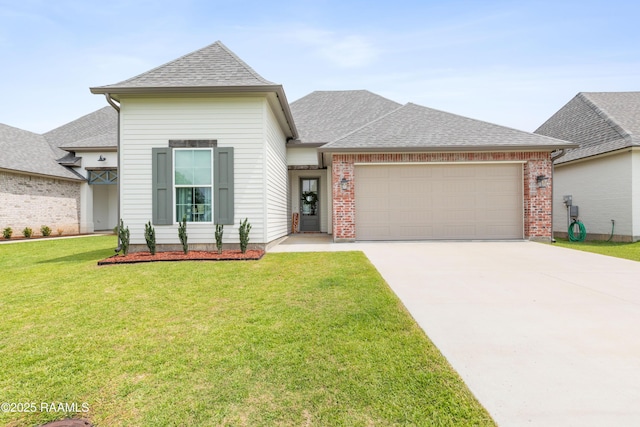 213 Octavia Dr, Scott, LA 70583 - french country style house with a garage, driveway, a shingled roof, a front yard, and brick siding