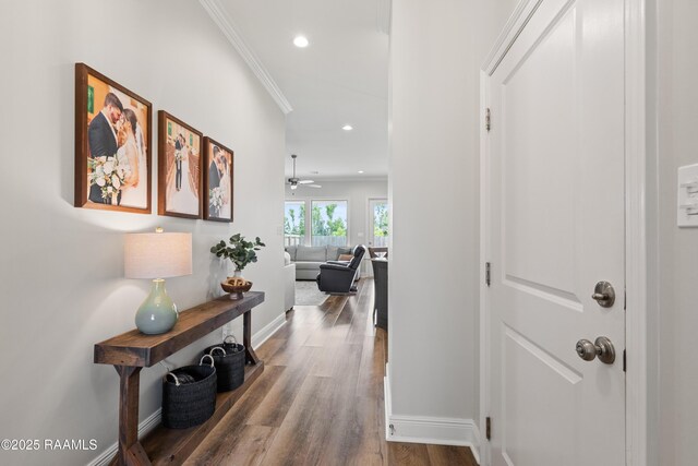 213 Octavia Dr, Scott, LA 70583 - corridor with baseboards, recessed lighting, wood finished floors, and crown molding