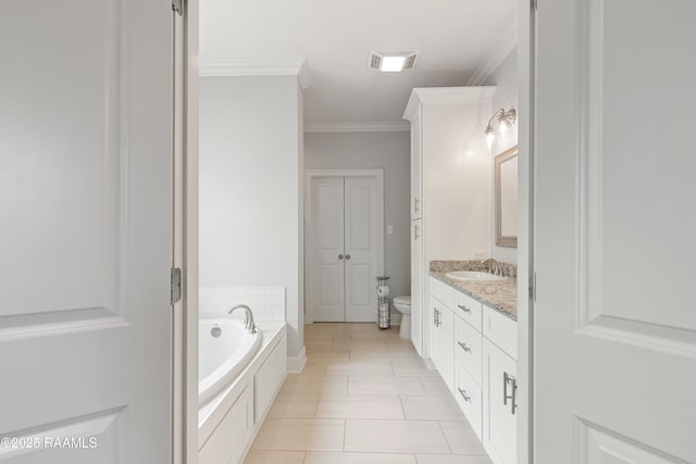 213 Octavia Dr, Scott, LA 70583 - bathroom featuring ornamental molding, a bath, vanity, toilet, and tile patterned flooring