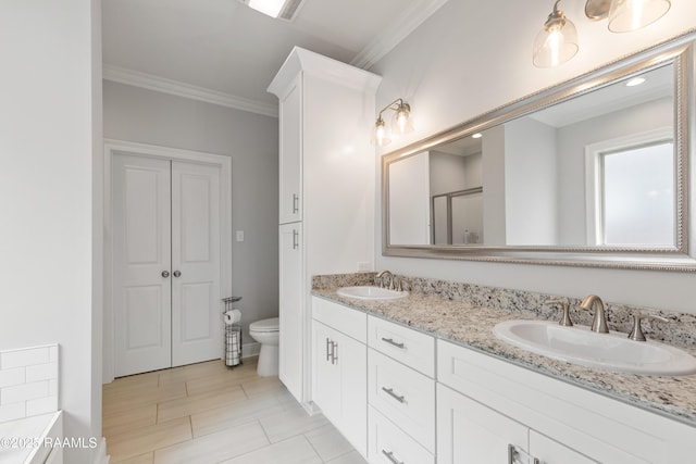 213 Octavia Dr, Scott, LA 70583 - bathroom featuring double vanity, ornamental molding, toilet, a shower with door, and tile patterned floors