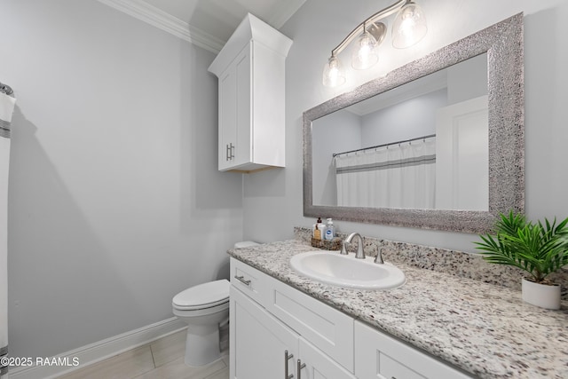 213 Octavia Dr, Scott, LA 70583 - bathroom featuring toilet, vanity, crown molding, tile patterned floors, and baseboards