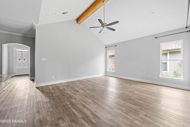147 Gable Crest Dr, Lafayette, LA 70507 - unfurnished room with a ceiling fan, arched walkways, beamed ceiling, high vaulted ceiling, and wood finished floors