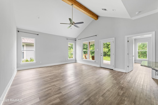 147 Gable Crest Dr, Lafayette, LA 70507 - unfurnished living room with ceiling fan, beamed ceiling, wood finished floors, and high vaulted ceiling