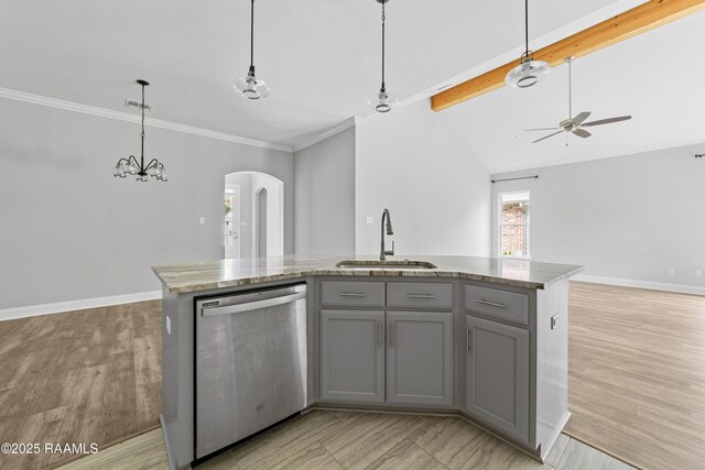 147 Gable Crest Dr, Lafayette, LA 70507 - kitchen with dishwasher, arched walkways, gray cabinetry, a ceiling fan, and a center island with sink