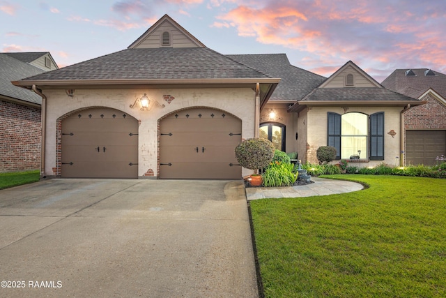 104 Baltimore Ln, Lafayette, LA 70506 - french country home featuring a shingled roof, an attached garage, a yard, and concrete driveway
