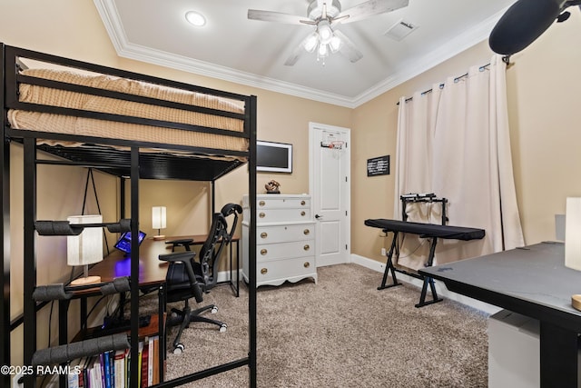 104 Baltimore Ln, Lafayette, LA 70506 - bedroom featuring crown molding, carpet, an office area, and ceiling fan