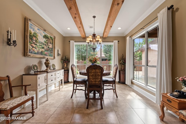 104 Baltimore Ln, Lafayette, LA 70506 - dining area featuring a chandelier, beam ceiling, ornamental molding, and light tile patterned floors