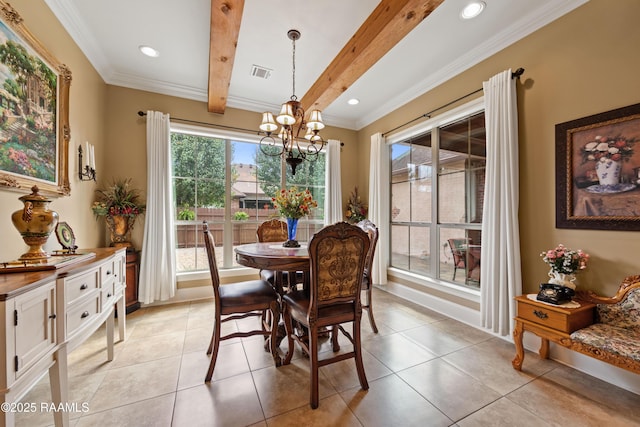 104 Baltimore Ln, Lafayette, LA 70506 - dining area with a chandelier, beamed ceiling, crown molding, light tile patterned flooring, and recessed lighting