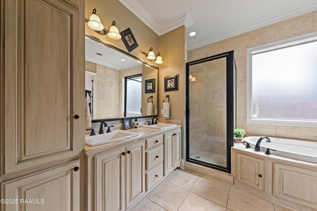104 Baltimore Ln, Lafayette, LA 70506 - bathroom featuring tile patterned floors, a shower stall, double vanity, crown molding, and a garden tub