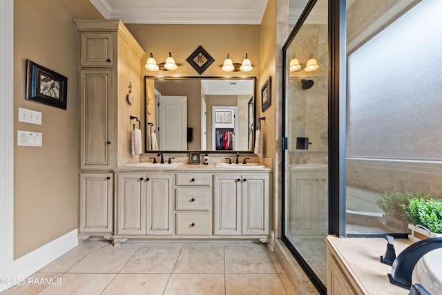 104 Baltimore Ln, Lafayette, LA 70506 - bathroom featuring ornamental molding, double vanity, a stall shower, tile patterned flooring, and a tub