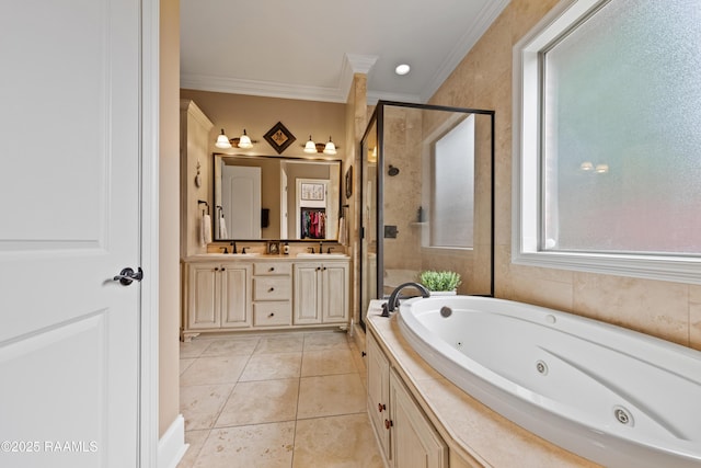 104 Baltimore Ln, Lafayette, LA 70506 - full bath with ornamental molding, a stall shower, a tub with jets, double vanity, and tile patterned floors