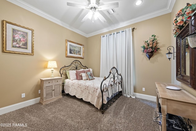 104 Baltimore Ln, Lafayette, LA 70506 - bedroom with ornamental molding, dark carpet, and a ceiling fan