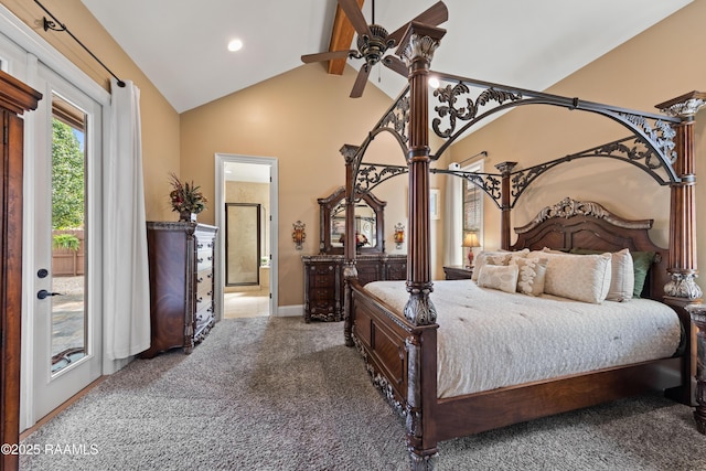 104 Baltimore Ln, Lafayette, LA 70506 - bedroom with access to outside, carpet flooring, high vaulted ceiling, ensuite bath, and ceiling fan