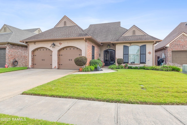 104 Baltimore Ln, Lafayette, LA 70506 - french country style house with a garage, a shingled roof, a front yard, french doors, and concrete driveway