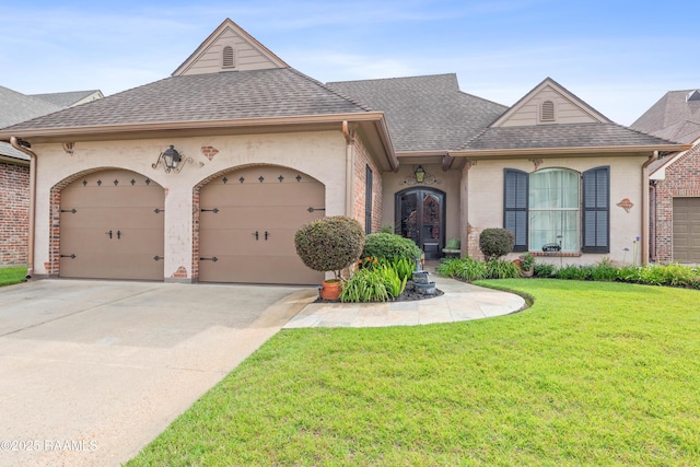 104 Baltimore Ln, Lafayette, LA 70506 - french country inspired facade featuring an attached garage, roof with shingles, a front yard, concrete driveway, and stucco siding