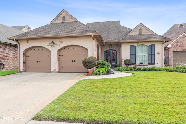 104 Baltimore Ln, Lafayette, LA 70506 - french country home featuring a shingled roof, an attached garage, a front lawn, concrete driveway, and stucco siding