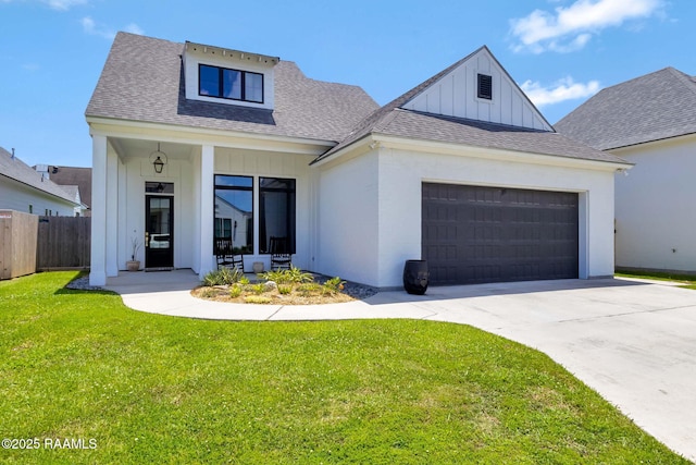 307 Harvest Creek Ln, Lafayette, LA 70508 - modern inspired farmhouse with a shingled roof, an attached garage, board and batten siding, and concrete driveway