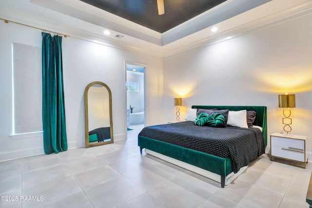 307 Harvest Creek Ln, Lafayette, LA 70508 - bedroom featuring a raised ceiling, ornamental molding, light tile patterned floors, recessed lighting, and a ceiling fan
